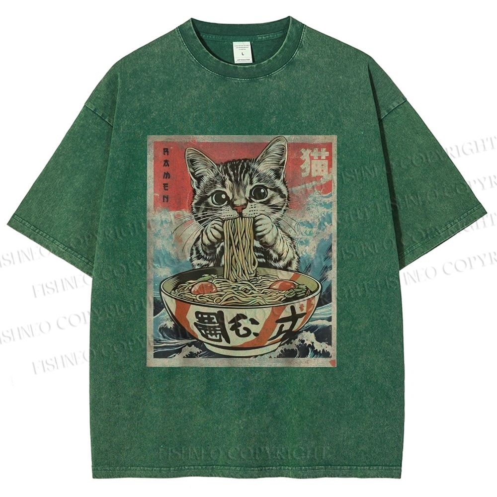Unisex Japanese Vintage Ramen Cat Printed Washed Tee