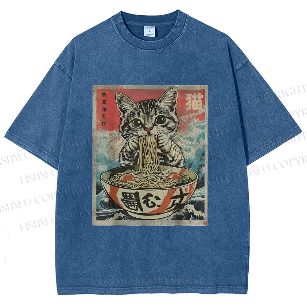 Unisex Japanese Vintage Ramen Cat Printed Washed Tee