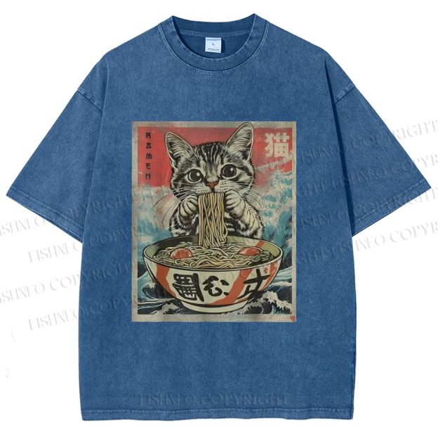 Unisex Japanese Vintage Ramen Cat Printed Washed Tee