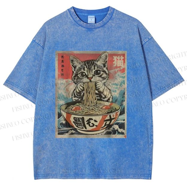 Unisex Japanese Vintage Ramen Cat Printed Washed Tee
