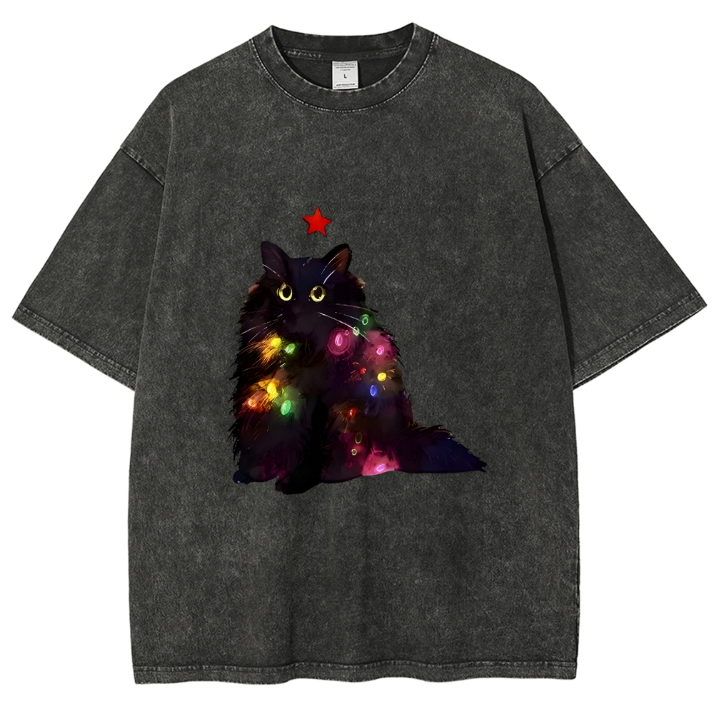 Christmas Lights Cat Washed T-Shirt