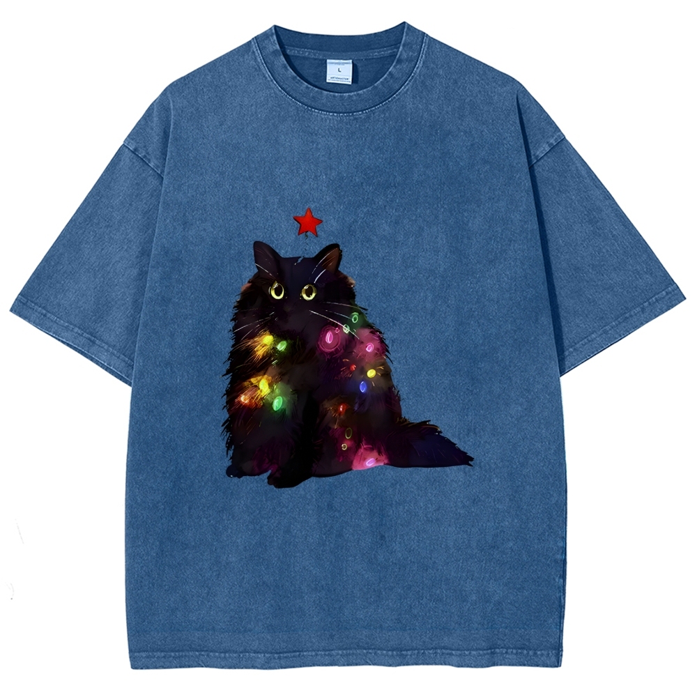 Christmas Lights Cat Washed T-Shirt