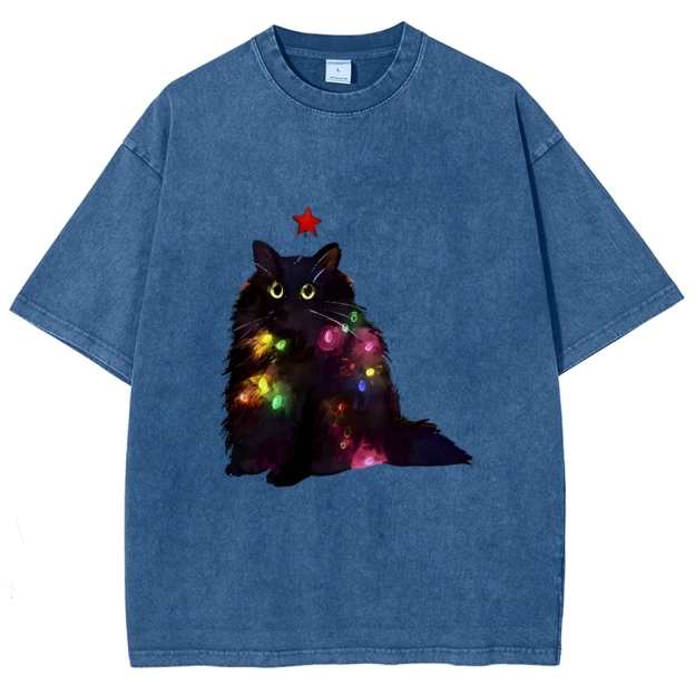 Christmas Lights Cat Washed T-Shirt