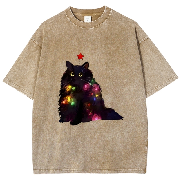 Christmas Lights Cat Washed T-Shirt