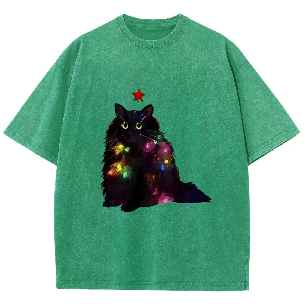 Christmas Lights Cat Washed T-Shirt