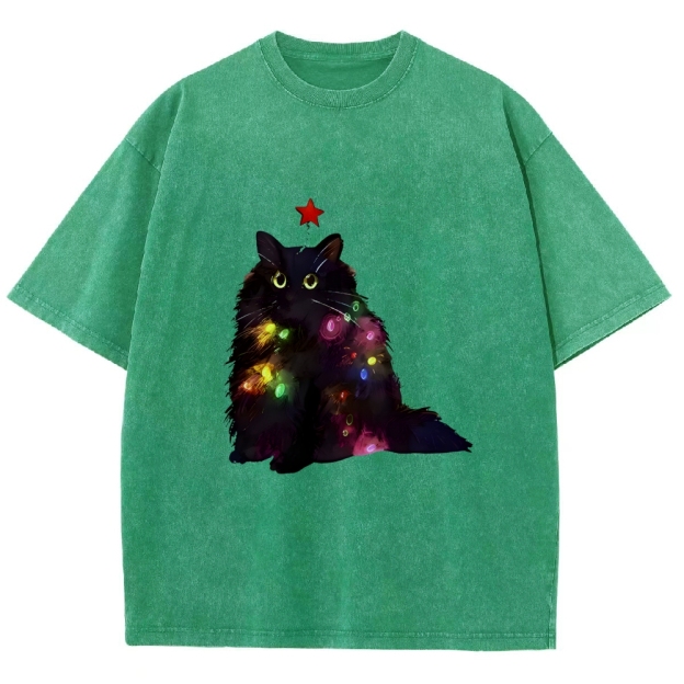 Christmas Lights Cat Washed T-Shirt