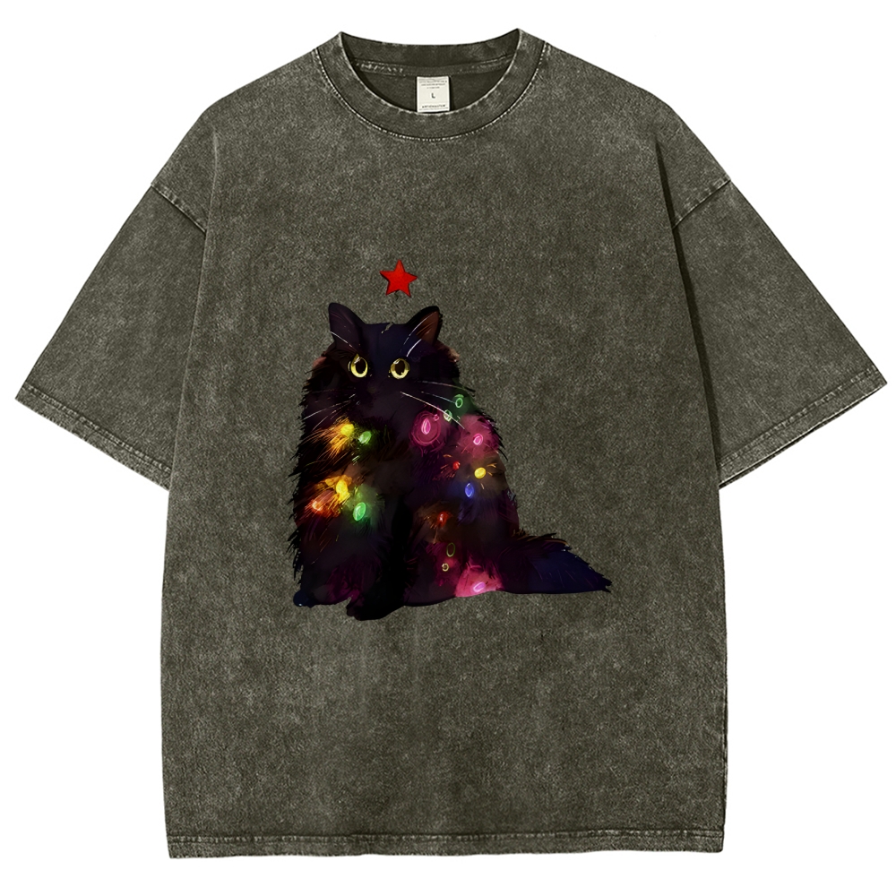Christmas Lights Cat Washed T-Shirt