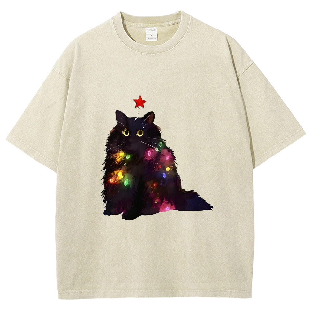 Christmas Lights Cat Washed T-Shirt