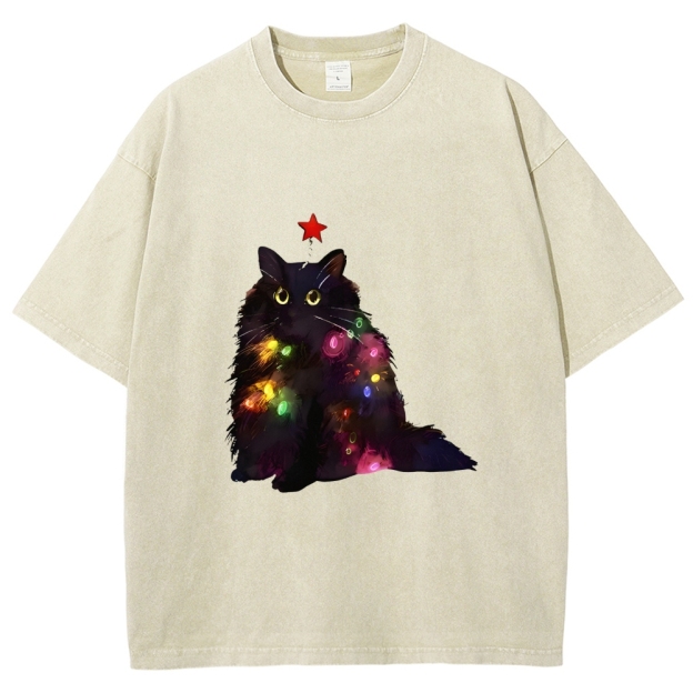 Christmas Lights Cat Washed T-Shirt