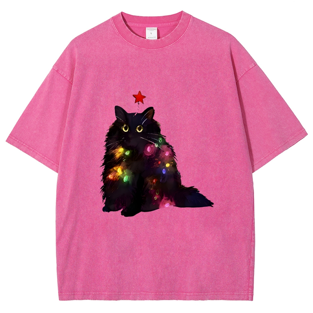 Christmas Lights Cat Washed T-Shirt