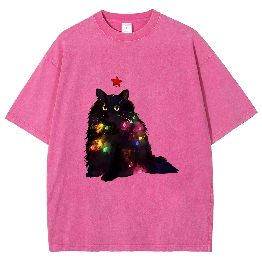 Christmas Lights Cat Washed T-Shirt