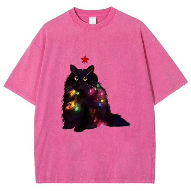 Christmas Lights Cat Washed T-Shirt