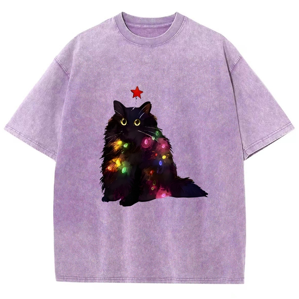 Christmas Lights Cat Washed T-Shirt