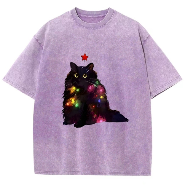 Christmas Lights Cat Washed T-Shirt