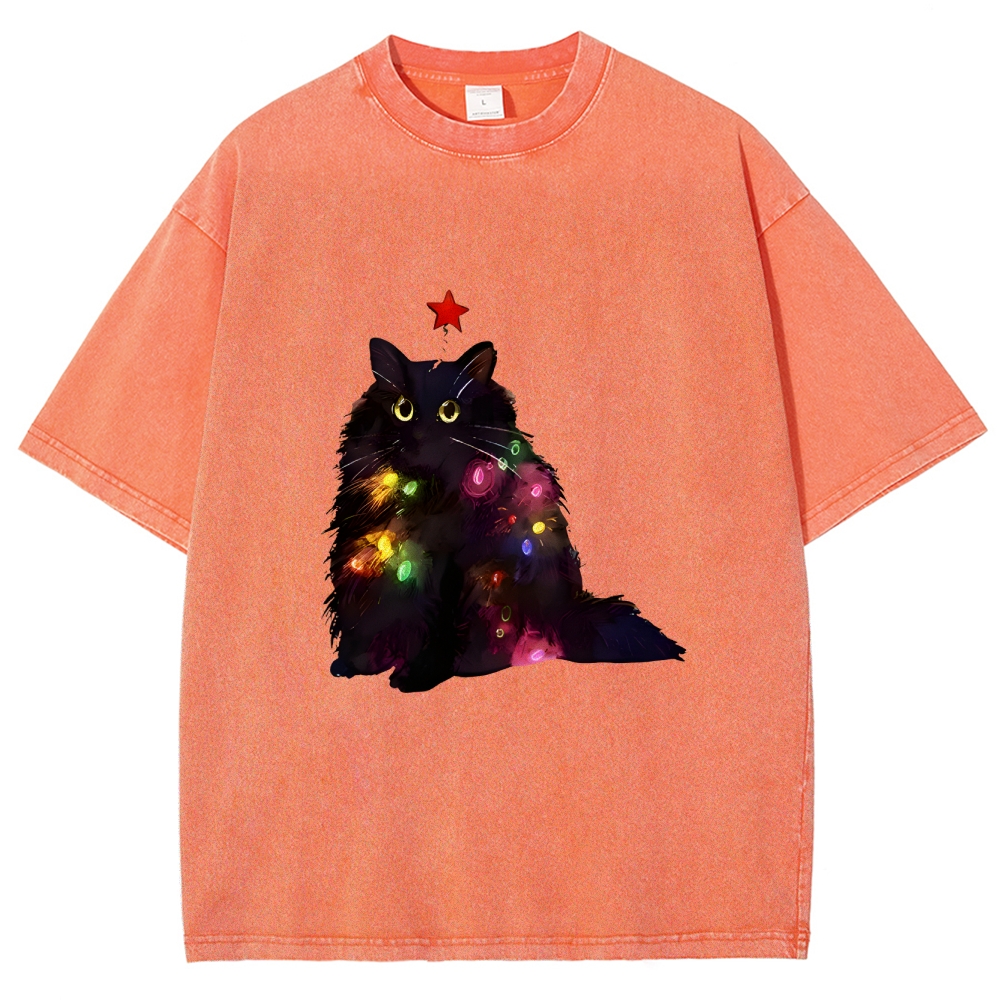 Christmas Lights Cat Washed T-Shirt