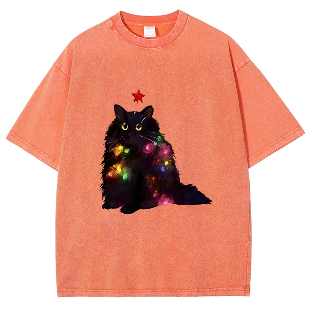 Christmas Lights Cat Washed T-Shirt