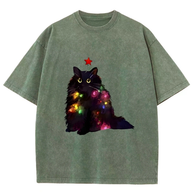 Christmas Lights Cat Washed T-Shirt