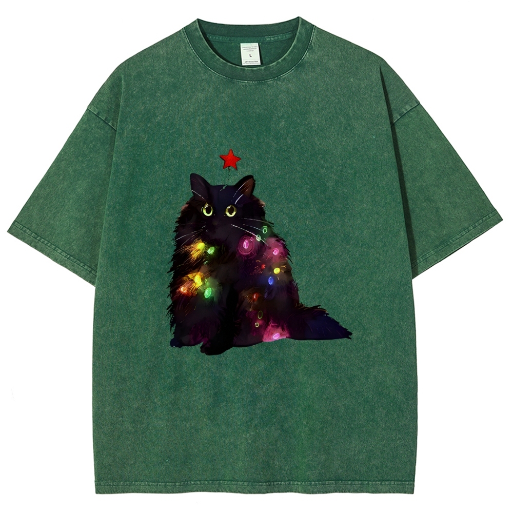 Christmas Lights Cat Washed T-Shirt