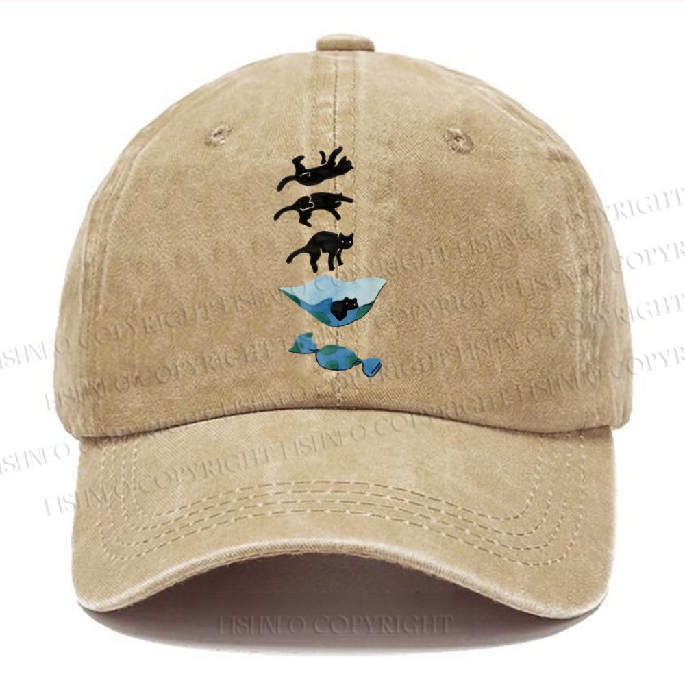 Unisex Vintage Casual Cat Landing Washed Cap