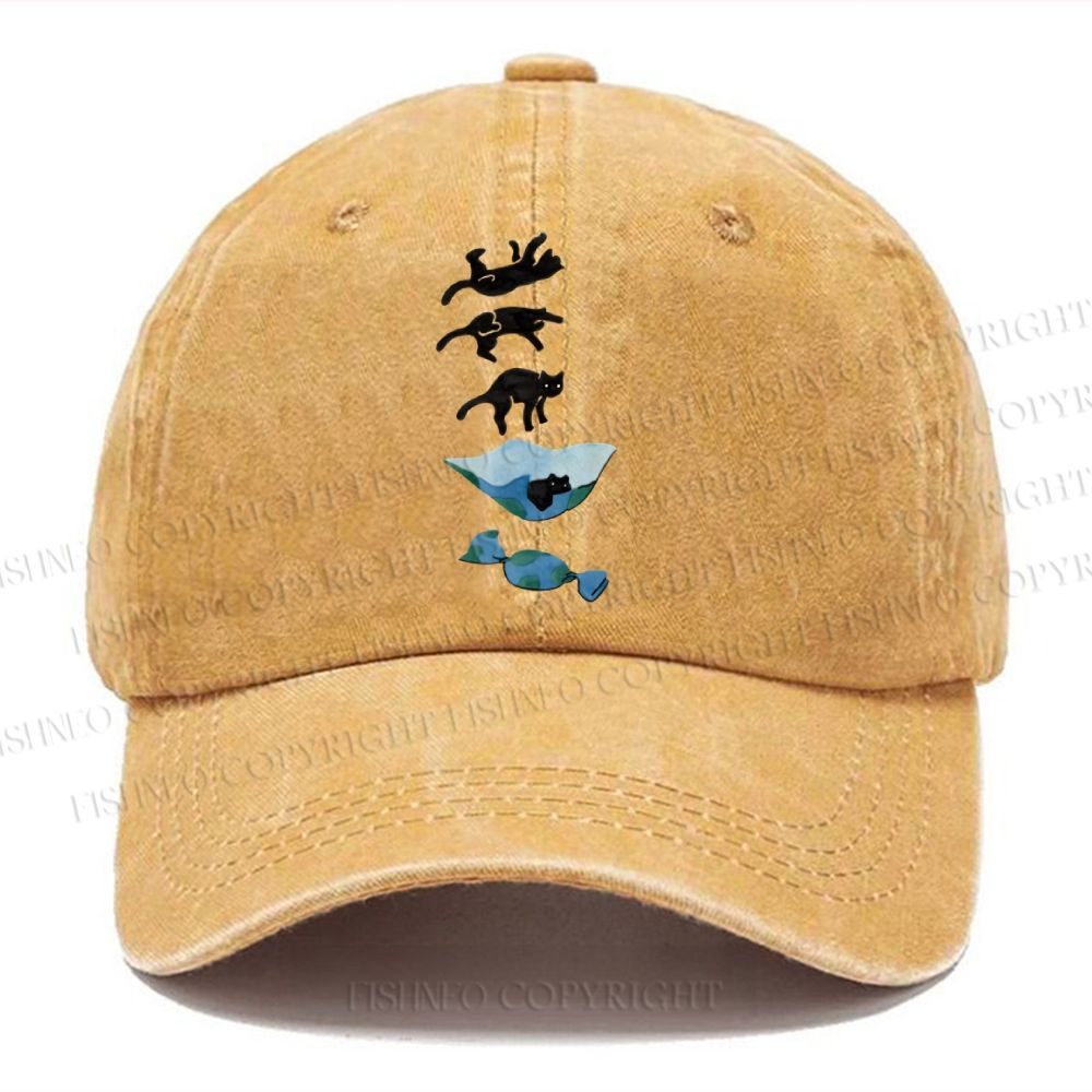 Unisex Vintage Casual Cat Landing Washed Cap