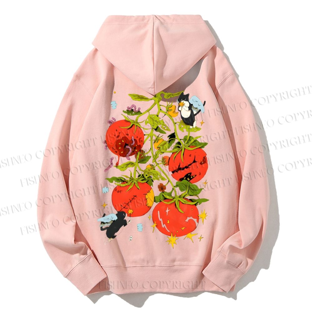 Unisex Casual Cotton Angle Cats Healing Tomatoes Printed Hoodie
