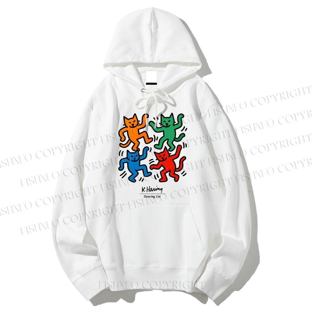 Unisex Casual Cotton Keith Haring Dancing Cat Printed Hoodie
