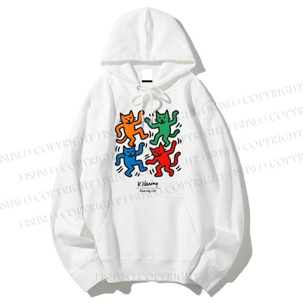 Unisex Casual Cotton Keith Haring Dancing Cat Printed Hoodie