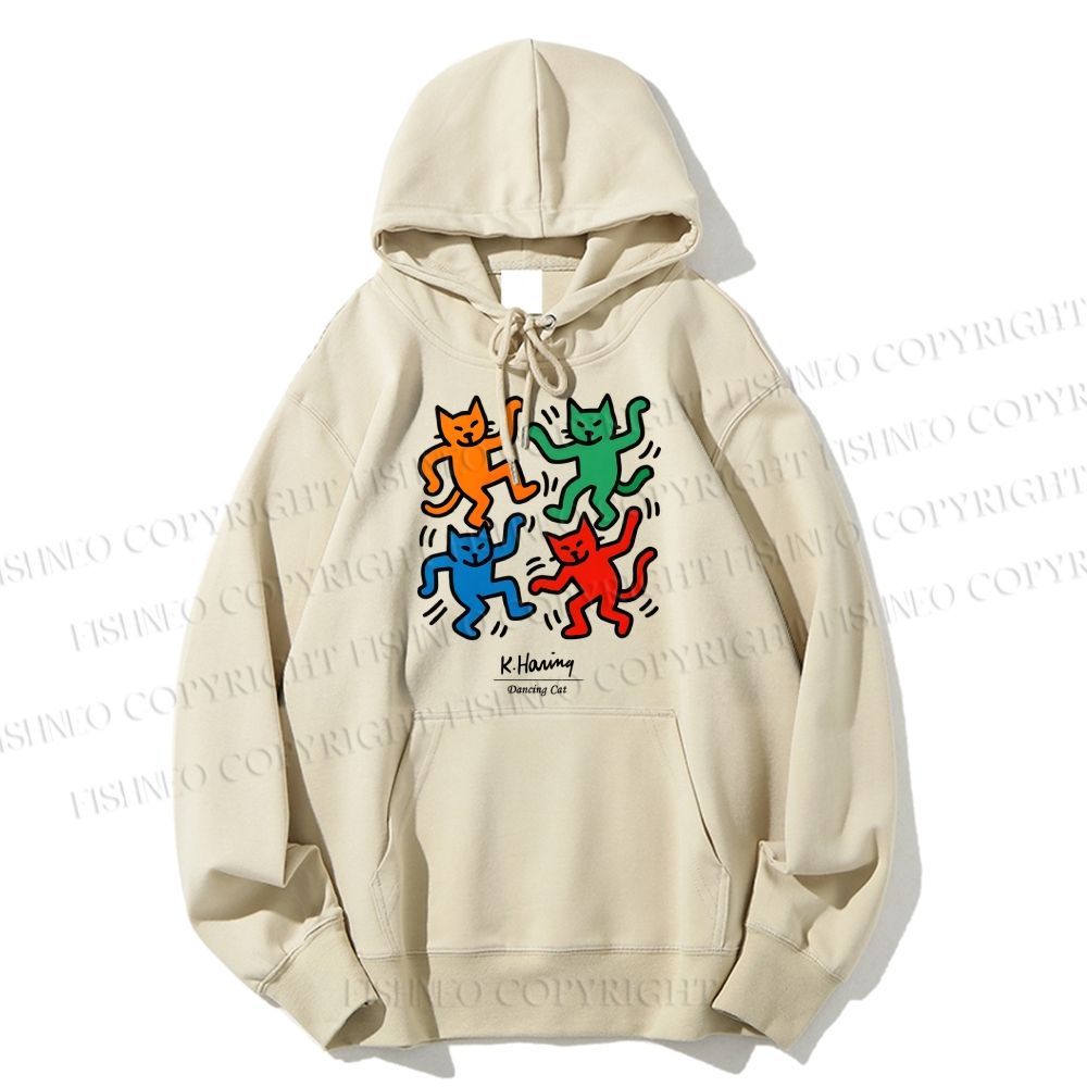 Unisex Casual Cotton Keith Haring Dancing Cat Printed Hoodie