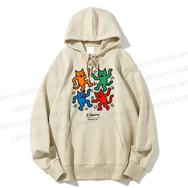 Unisex Casual Cotton Keith Haring Dancing Cat Printed Hoodie