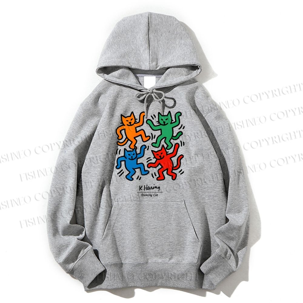 Unisex Casual Cotton Keith Haring Dancing Cat Printed Hoodie