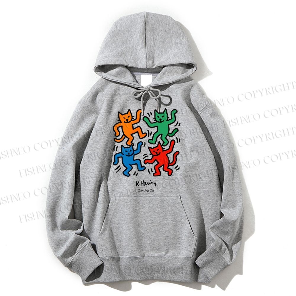 Unisex Casual Cotton Keith Haring Dancing Cat Printed Hoodie