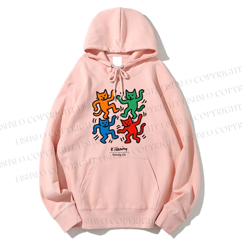 Unisex Casual Cotton Keith Haring Dancing Cat Printed Hoodie