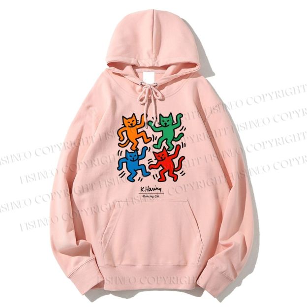 Unisex Casual Cotton Keith Haring Dancing Cat Printed Hoodie