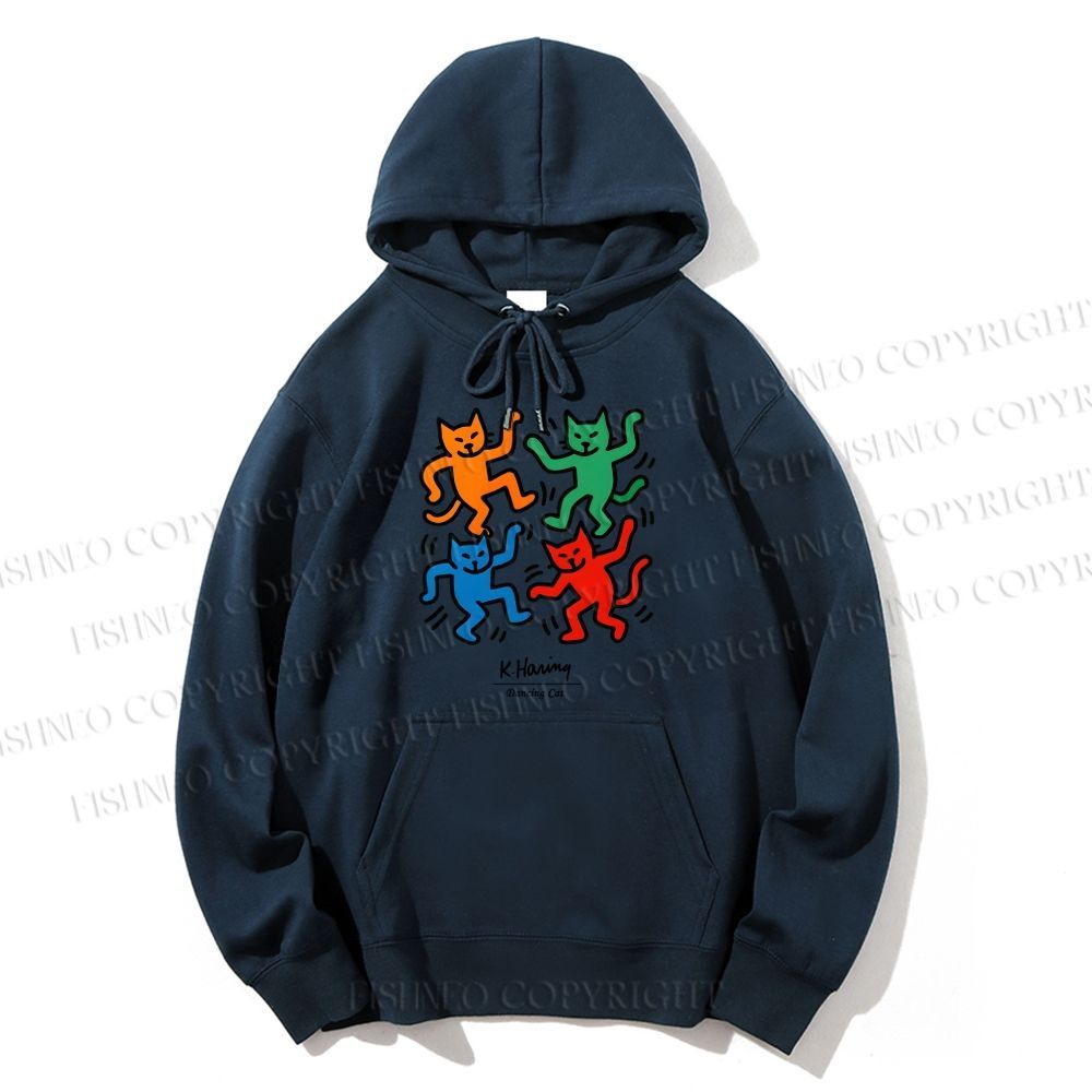 Unisex Casual Cotton Keith Haring Dancing Cat Printed Hoodie