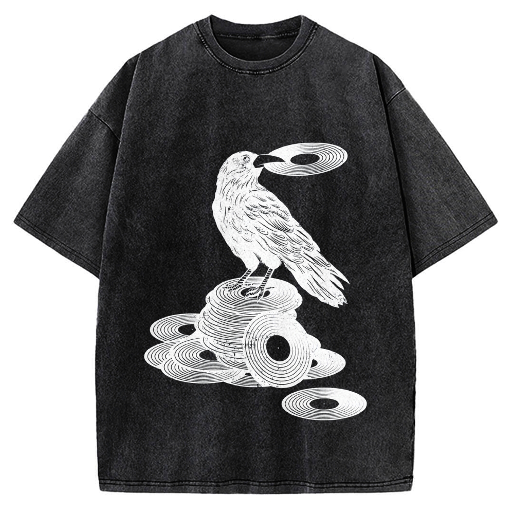 Unisex Vinyl Crow Retro Music Vintage Washed T-shirt