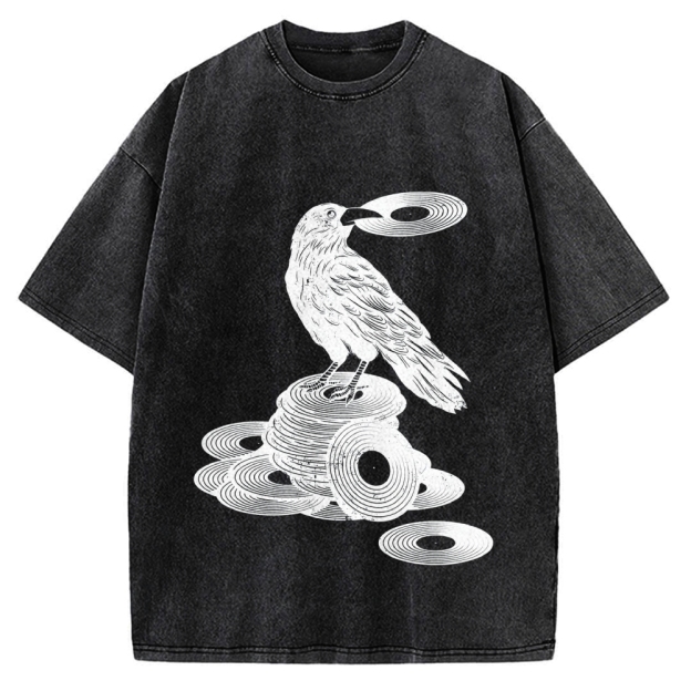 Unisex Vinyl Crow Retro Music Vintage Washed T-shirt