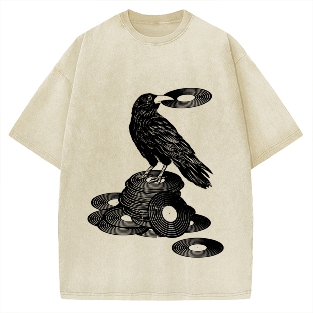 Unisex Vinyl Crow Retro Music Vintage Washed T-shirt