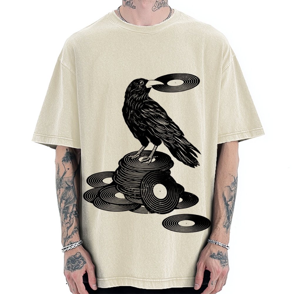 Unisex Vinyl Crow Retro Music Vintage Washed T-shirt