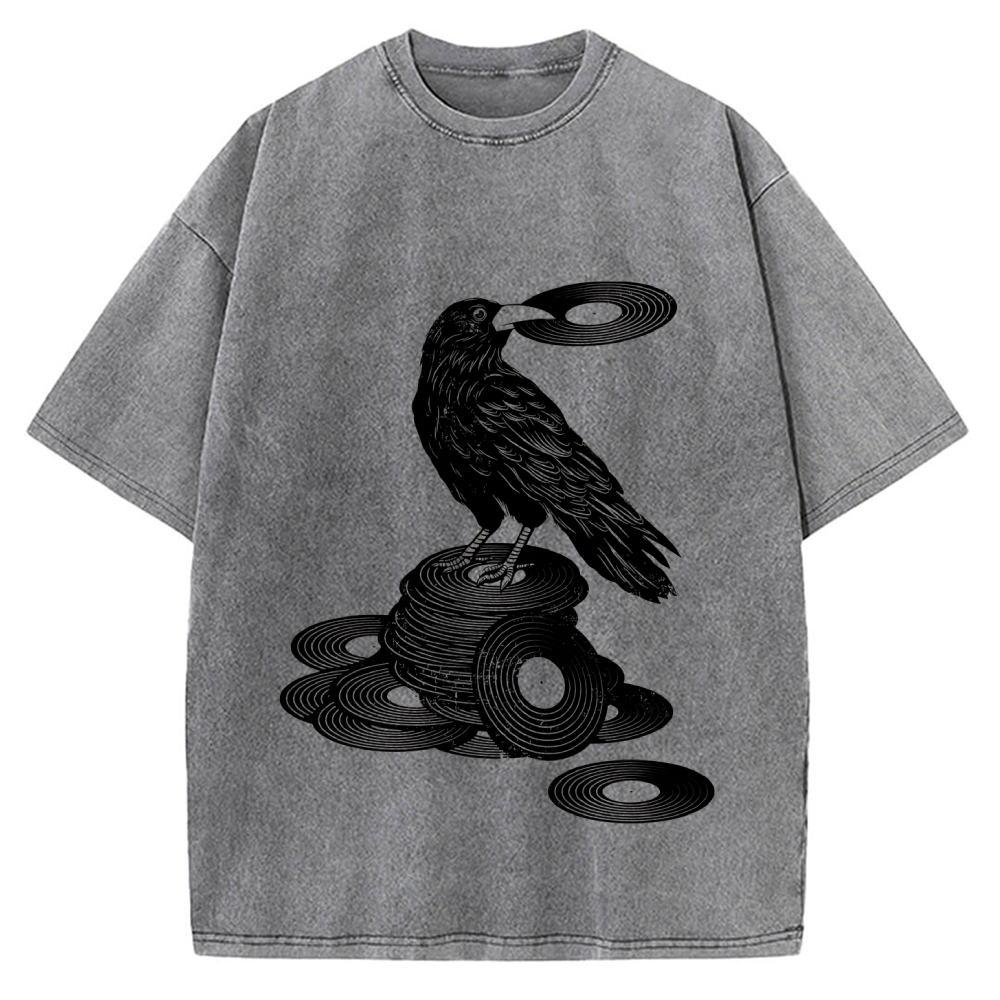 Unisex Vinyl Crow Retro Music Vintage Washed T-shirt