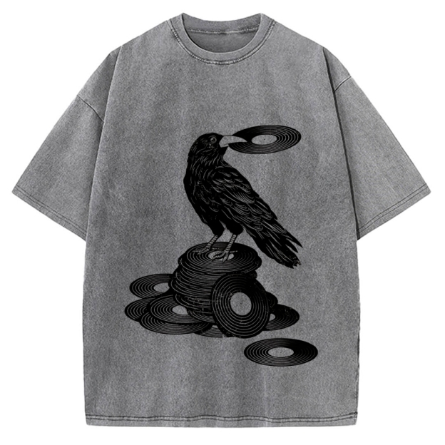 Unisex Vinyl Crow Retro Music Vintage Washed T-shirt
