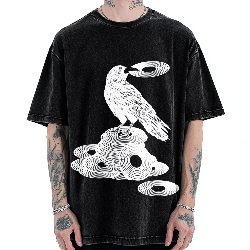 Unisex Vinyl Crow Retro Music Vintage Washed T-shirt