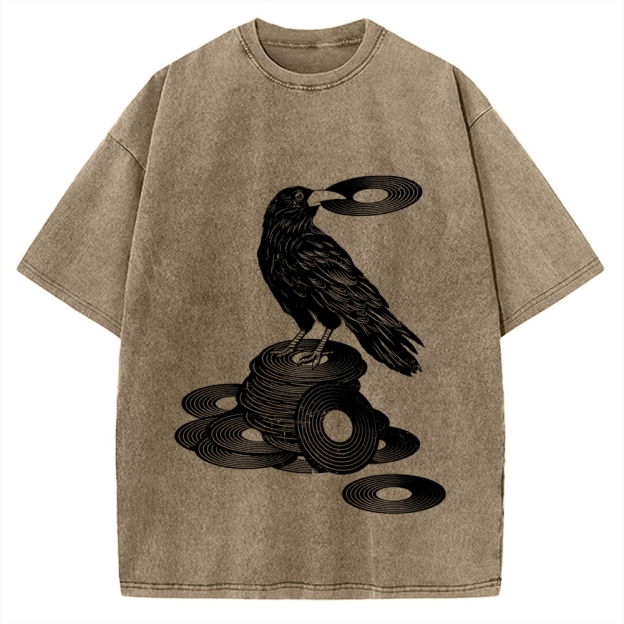 Unisex Vinyl Crow Retro Music Vintage Washed T-shirt
