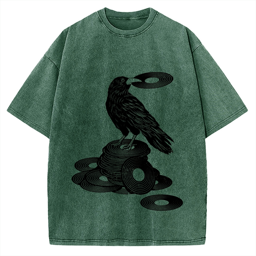 Unisex Vinyl Crow Retro Music Vintage Washed T-shirt