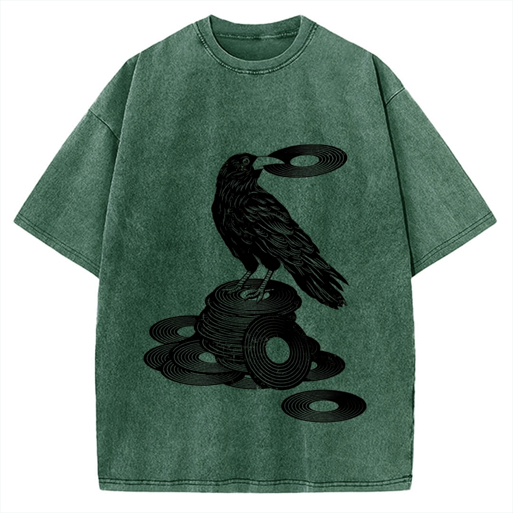 Unisex Vinyl Crow Retro Music Vintage Washed T-shirt