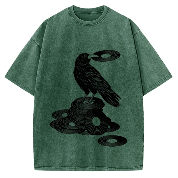 Unisex Vinyl Crow Retro Music Vintage Washed T-shirt