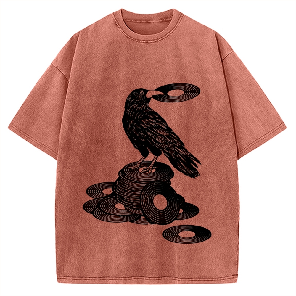 Unisex Vinyl Crow Retro Music Vintage Washed T-shirt