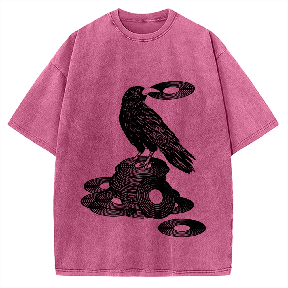 Unisex Vinyl Crow Retro Music Vintage Washed T-shirt