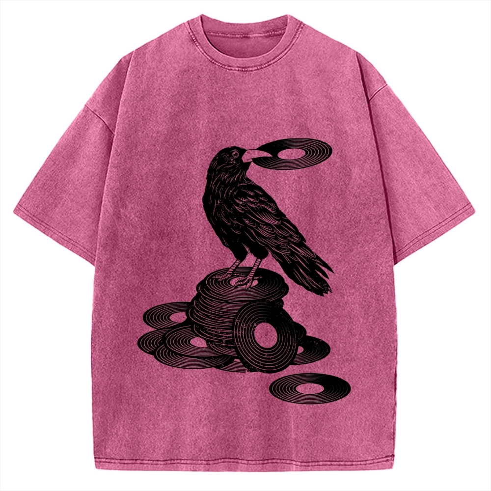 Unisex Vinyl Crow Retro Music Vintage Washed T-shirt