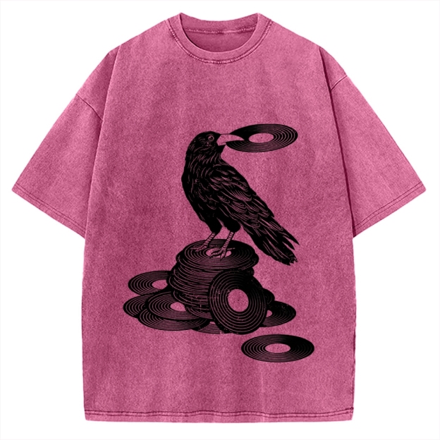 Unisex Vinyl Crow Retro Music Vintage Washed T-shirt