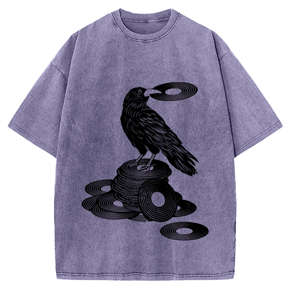Unisex Vinyl Crow Retro Music Vintage Washed T-shirt
